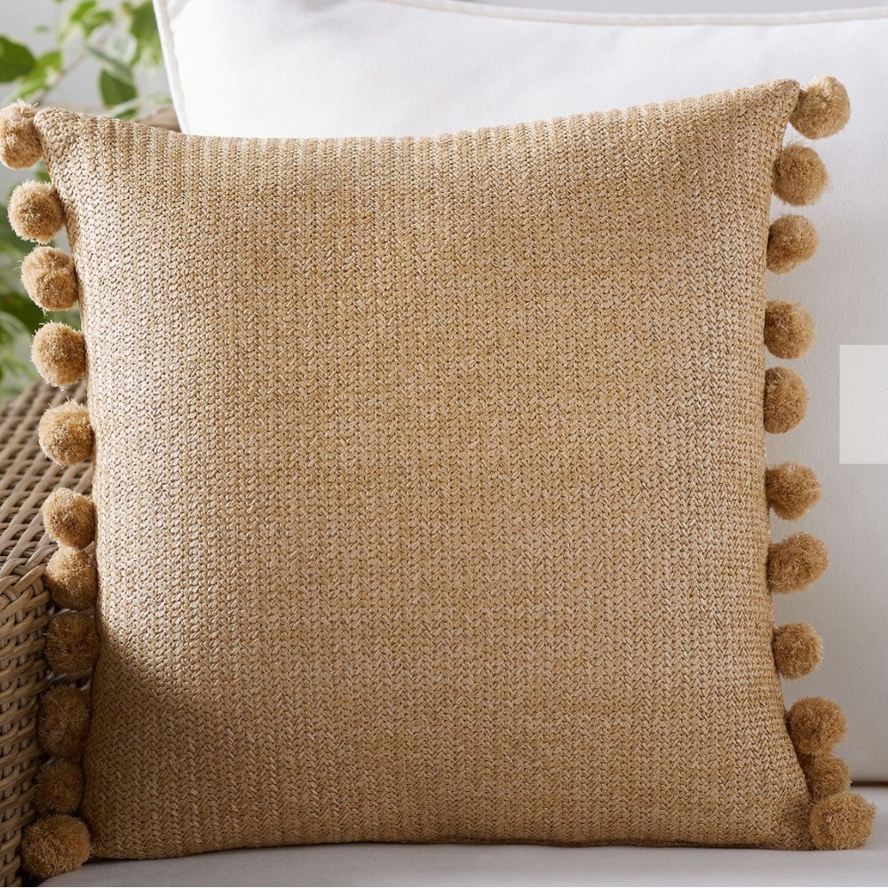Faux Natural Fiber Pom Pom Outdoor Throw Pillow